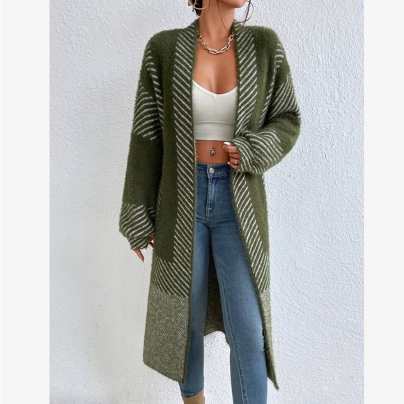 Oversized Color Block Stripes Fuzzy Open Front Duster Sweater Cardigan - Picture 7 of 10